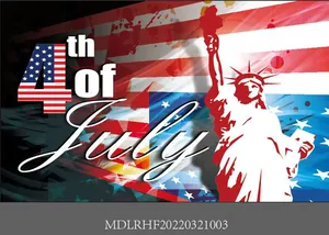 Close-up of 4th of July banner featuring American flag stripes and Statue of Liberty