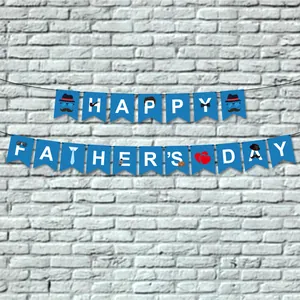 Bannière Happy Father's Day bleue avec icônes de cravate sur un mur de briques blanches
