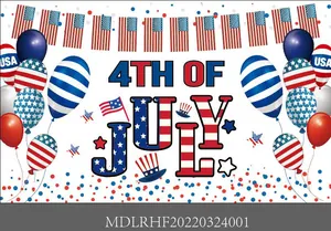 Close-up of July 4th party banner featuring stars, stripes, and USA festive balloons