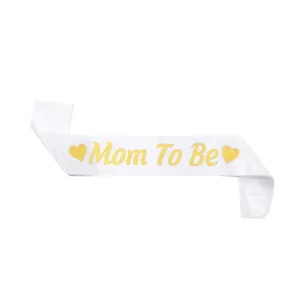 White satin Mom To Be sash with gold glitter lettering for baby shower parties