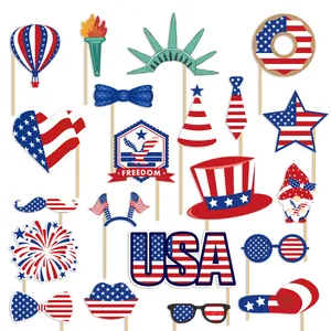 Accessoires Photobooth Jour de l'Indépendance USA Rouge Blanc Bleu Étoiles Rayures Papier Accessoires à Main pour Fête Nationale Américaine