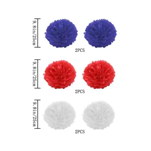 Set of 6 red white and blue decorative paper pom poms in 9.8 inch size for celebrations