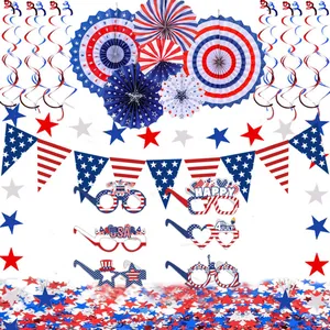 Decoraciones Patrióticas Del Día De La Independencia Americana Abanicos De Papel Rojo Blanco Azul Banderines De Estrellas Espirales Colgantes Para El 4 De Julio
