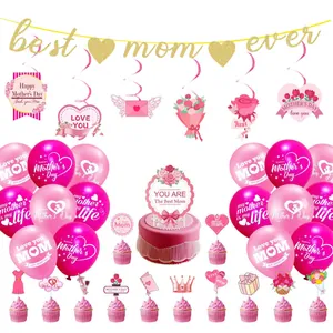 Golden glitter Best Mom Ever banner with pink Mother's Day balloons and party swirls