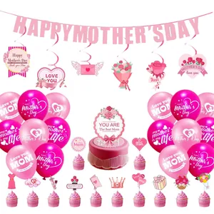 Pink Happy Mother's Day party set with Best Mom banner, balloons, and cake toppers