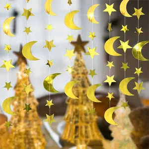 Mirror Paper Star And Moon Garland Hanging Banners For Birthday Party Wedding Backdrop Decoration Glitter Party Supplies