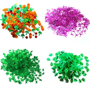 Confettis de fête tropicale avec flamants roses, cactus et paillettes de palmiers
