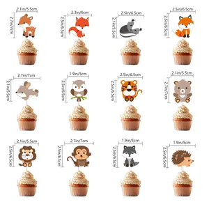 Detailed size chart for 12 cartoon forest animal cupcake toppers in a 4x3 grid layout
