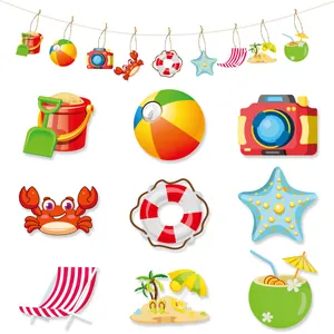 9-piece summer beach party decoration set with cartoon crab and sand bucket cutout tags