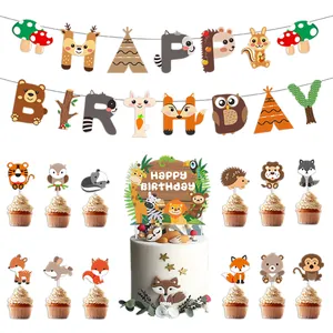 Detail of woodland animal Happy Birthday banner and cupcake toppers for kids party