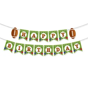 American football Happy Birthday banner with green field design and sports helmet patterns