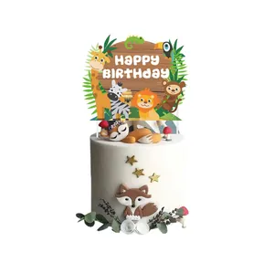 Jungle animal birthday cake topper set with giraffe lion and happy birthday sign