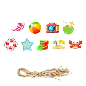 Summer beach party decoration set with 9 cartoon icons and natural jute twine bundle