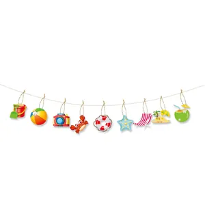Summer beach party banner with colorful cartoon crab, starfish and tropical island icons