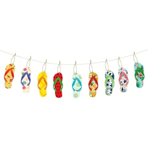 Hawaiian summer party banner featuring nine colorful flip-flop paper cutouts on a jute rope