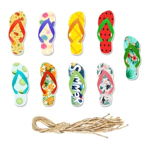 Set of 9 flip-flop summer paper gift tags with tropical patterns and hemp rope