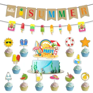 Hello Summer party decoration kit with banner, cupcake toppers and flamingo cake insert