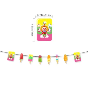 Detail showing colorful popsicle and clown banners with precise dimension measurements