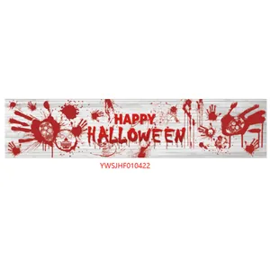 Bannière Halloween avec empreintes de mains sanglantes, crânes et texte festif