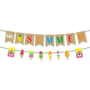 Detail of Hello Summer banner with burlap swallowtail flags and colorful popsicle cutouts