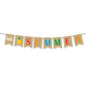 Hello Summer burlap banner with pineapple motif for beach party and indoor summer events