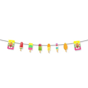 Hello Summer party banner with colorful popsicle and clown paper cutouts on white background