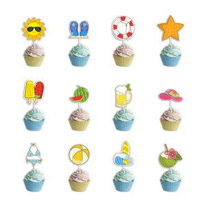 Summer beach theme cupcake toppers set featuring sun, slippers and starfish icons