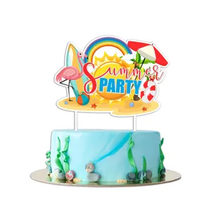 Summer Party cake topper set with flamingo and surf elements on a blue ocean-style cake