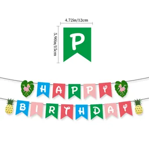 Tropical Hawaiian birthday banner with colorful flamingo, pineapple, and palm leaf designs