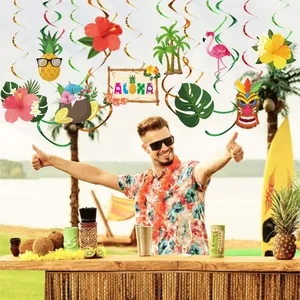 Hawaiian party hanging swirl decorations with flamingo pineapple and palm leaf motifs