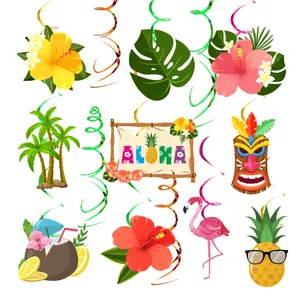 Tropical Hawaii party decorations set with flamingo pineapple and hibiscus hanging swirls
