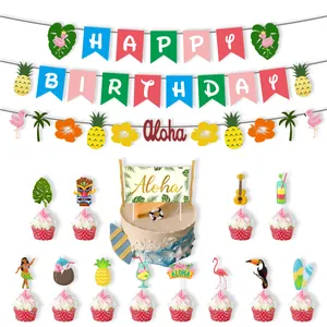 Hawaiian party decoration set with Aloha banner and tropical flamingo cake toppers