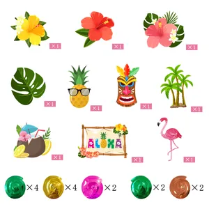 Tropical Hawaiian party decoration set with flamingo, pineapple, and palm leaf swirls