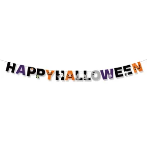 Colorful Happy Halloween paper banner with pumpkin bat and ghost motifs for party decor