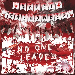 Detailed set of bloody Halloween banners and props including bloody tools and scary posters