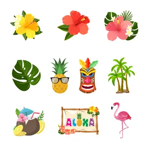 Set of 9 tropical Hawaiian party elements including flamingo, pineapple and hibiscus stickers