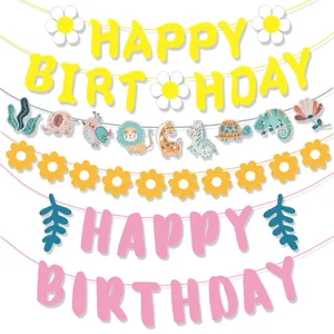 Bannière en Papier Happy Birthday Animaux de la Savane Marguerite Tournesol Guirlande Suspendue pour Décoration de Fête d'Anniversaire Enfants