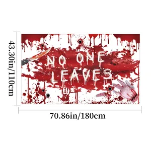 Halloween bloody background banner 180x110cm with red handprints and No One Leaves text