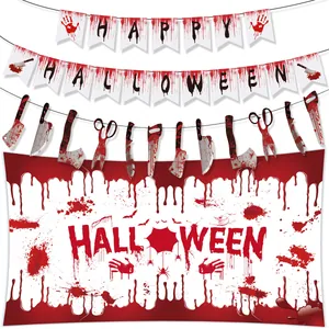 Halloween bloody decoration set with horror backdrops, banners and hanging weapon garlands