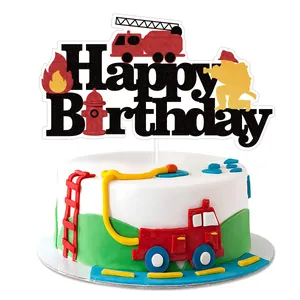 Firefighter themed Happy Birthday cake topper featuring a red fire truck and fire hydrant