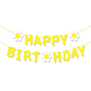 Banderole HAPPY BIRTHDAY jaune avec marguerites blanches pour décoration de fête