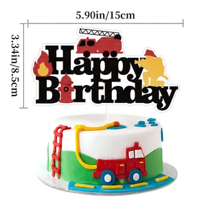 Firefighter Happy Birthday cake topper with fire truck and glitter finish, 15cm wide