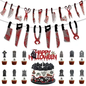 Halloween Horror Bloederig Mes Banner Grafsteen Taarttopper Papier Griezelige Feestversiering Halloween Evenementen Spookhuis Props
