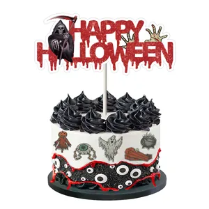 Glinsterende Happy Halloween taarttopper met magere hein en zombiehand op een griezelige taart