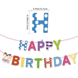 Dimensions détaillées de la guirlande HAPPY BIRTHDAY colorée avec motifs variés