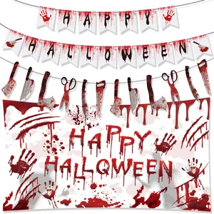Macro detail of Halloween spooky decoration kit with bloody tools and themed banners