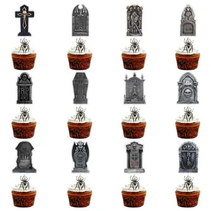 Set van 12 Halloween cupcake toppers met griezelige grafsteen- en schedelontwerpen
