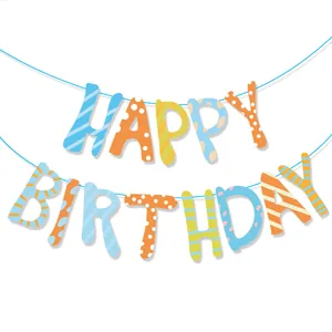 Banderole HAPPY BIRTHDAY colorée avec motifs géométriques et cordelette bleue