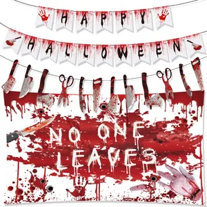 Halloween Horror Haunted House Decoration Bloody Handprint Banner Blood Knife Garland Polyester Backdrop Party Decoration