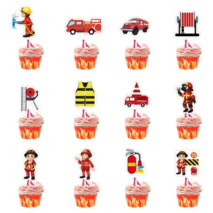 Fireman Fire Truck Theme Birthday Cake Topper Paper Cartoon Firefighter Cupcake Decoration For Kids Birthday Party Supplies